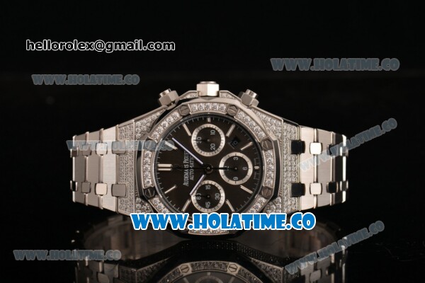 Audemars Piguet Royal Oak Chronograph Swiss Valjoux 7790 Automatic Steel/Diamonds Case with Black Dial Diamonds Bezel and Stick Markers (EF) - Click Image to Close